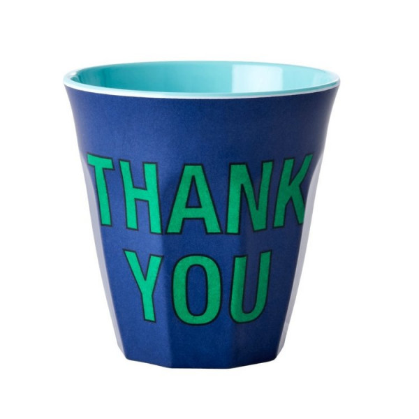 Melamin-Becher Thank you blau, 9 cm x 9 cm, Firma Rice