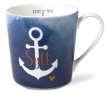 Becher Indigo Maritim Anker weiß, Sylt, 400 ml (Porzellanbecher, Küche, Tasse, Kaffeetasse,Teetasse)
