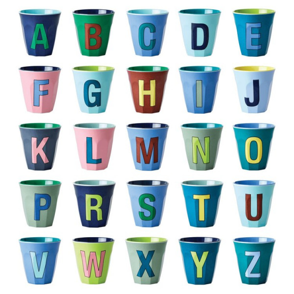 Melamin-Becher Alphabet blau, 9 cm x 9 cm, Firma Rice-Copy