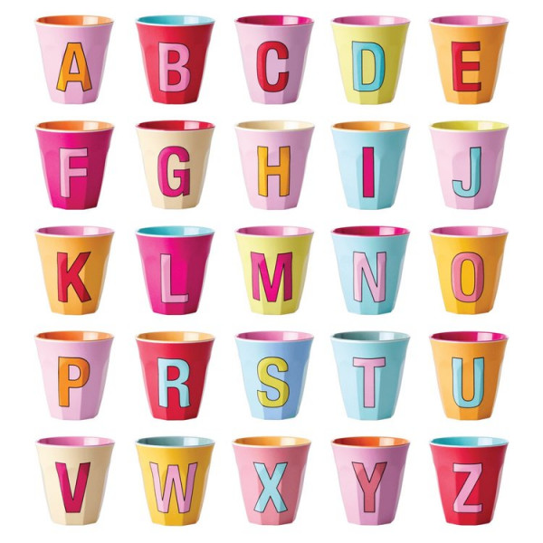 Melamin-Becher Alphabet rosa, 9 cm x 9 cm, Firma Rice