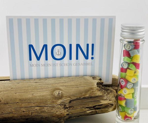Handgemachte Sylter Bonbons Rocks Smileys mit handgeschriebenem Kartengruß "Moin"
